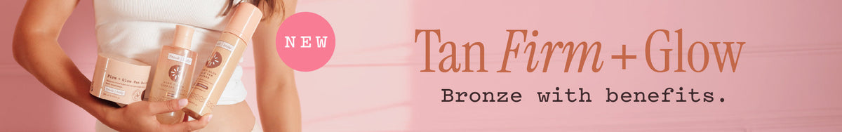 Tan, Firm + Glow. Bronze with benefits. New. A woman holding frank body Firm + Glow tanning products.