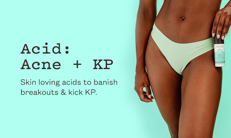 Acid category banner: a woman in mint green underwear on a mint background holds a frank body bottle against her hip. Text reads: Skin loving acids to banish breakouts.