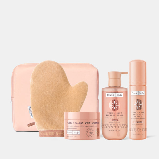 The frank body Bronze With Benefits Kit: Firm + Glow Tan Butter, Tanning Jelly and Self Tan Mousse with a tanning mitt and pouch.