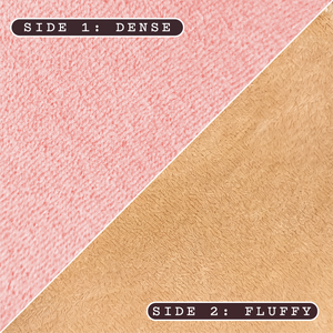 A split comparison graphic showing two sides of the same plush fabric material: the left side labeled 'SIDE 1: DENSE' is light pink with a tighter knit texture, and the right side labeled 'SIDE 2: FLUFFY' is tan/beige with a softer, loftier texture.