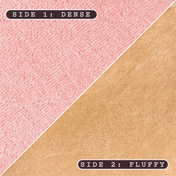 A split comparison graphic showing two sides of the same plush fabric material: the left side labeled 'SIDE 1: DENSE' is light pink with a tighter knit texture, and the right side labeled 'SIDE 2: FLUFFY' is tan/beige with a softer, loftier texture.