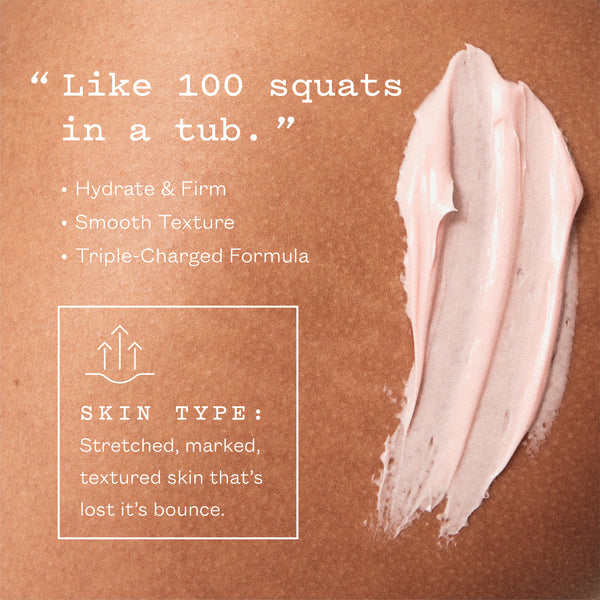 A cosmetic texture smear of pale pink cream or gel on a warm brown background with marketing text describing skin benefits and skin type.