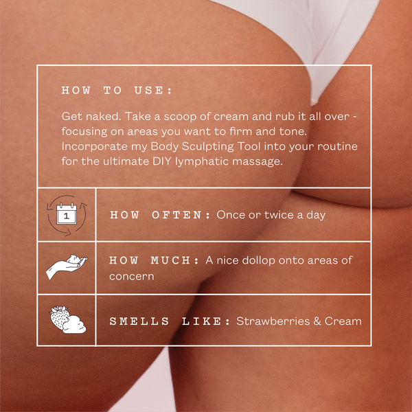 Close-up of a person's torso wearing white underwear with an informational overlay explaining how to use a cream and incorporating a body sculpting tool, along with usage frequency, amount, and scent notes.
