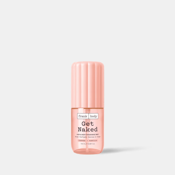 A 100ml bottle of frank body On-the-Go Get Naked Hair & Body Fragrance Mist in coffee and vanilla.