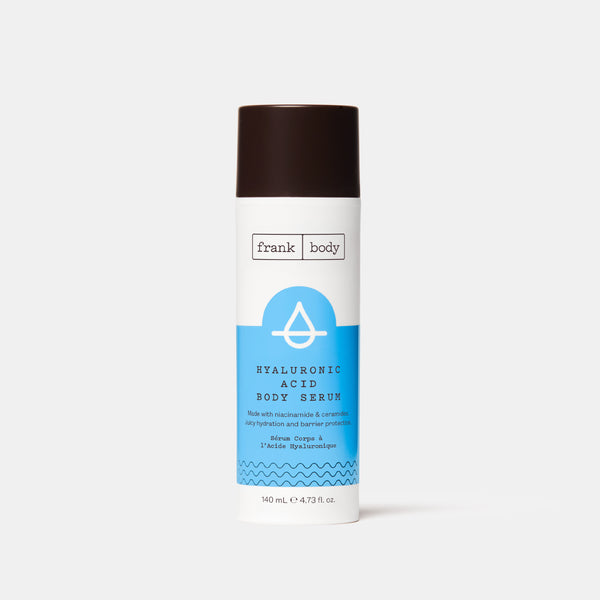 A bottle of frank body Hyaluronic Acid Body Serum, 140ml.