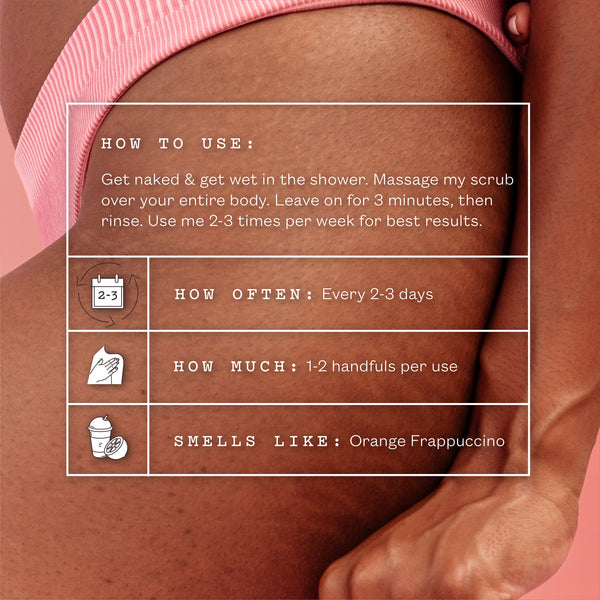 Close-up of a person's torso with a pink bikini-style top visible, overlaid with a usage infographic for a body scrub. The text explains how to use the product in the shower, how often, how much, and the scent 'Orange Frappuccino.