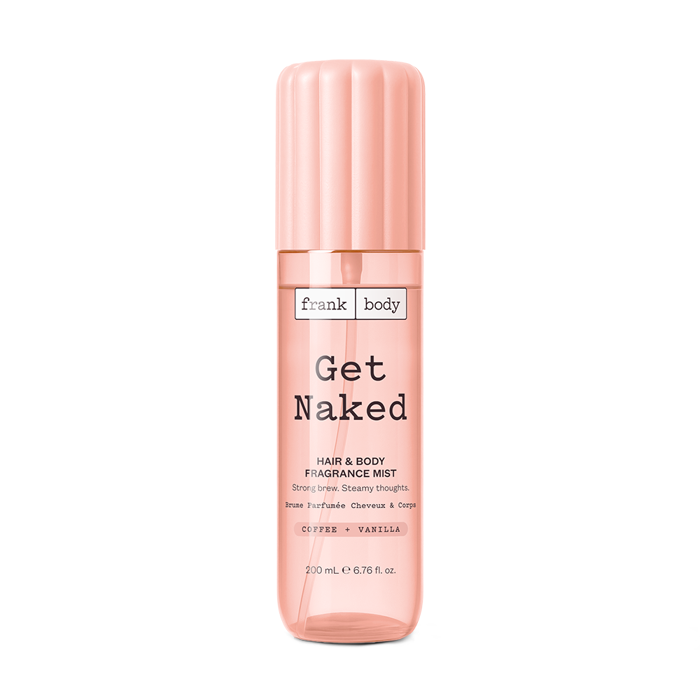 A peach 200ml bottle of frank body Get Naked Hair & Body Fragrance Mist in coffee and vanilla.