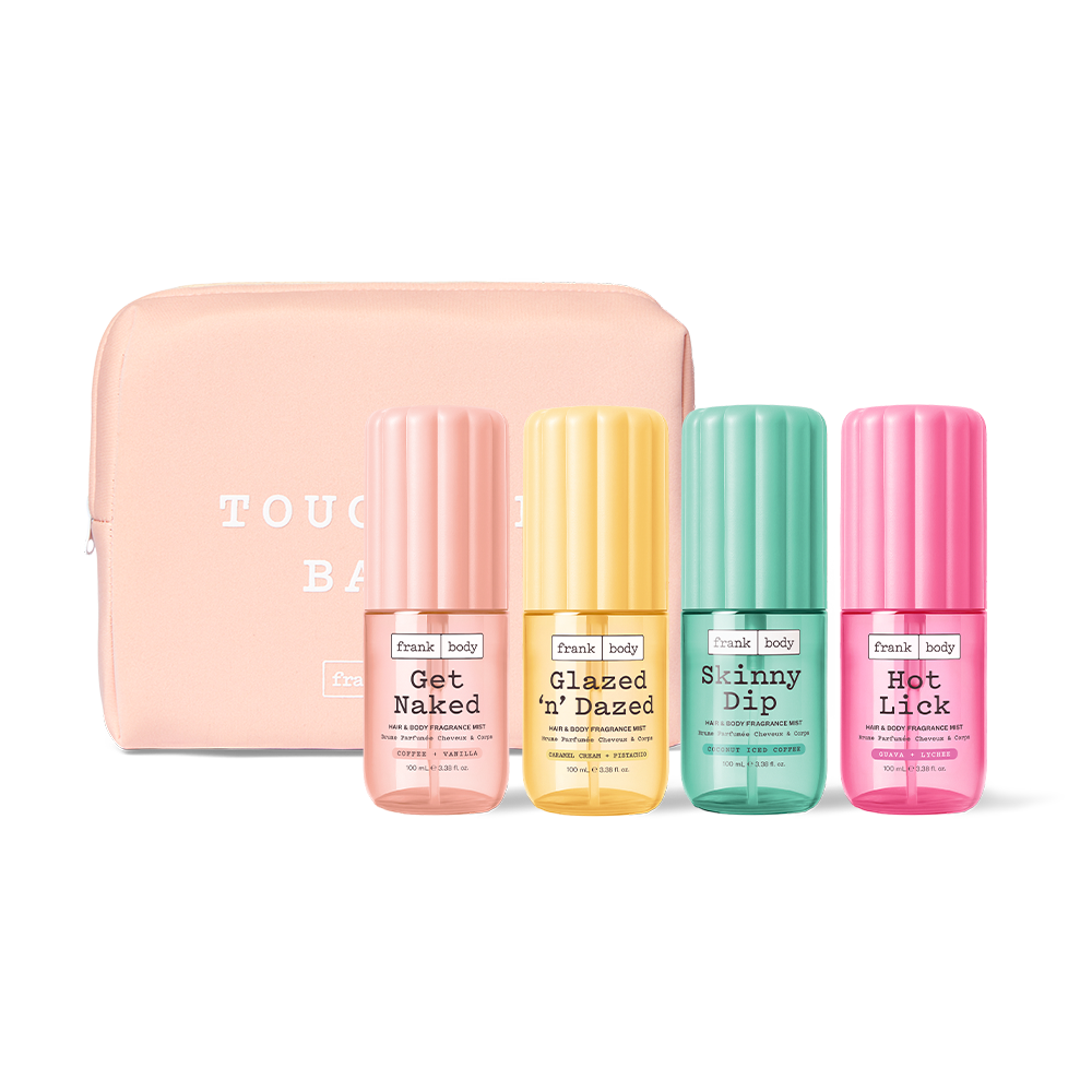 The frank body All You Can Spritz Kit: Get Naked, Glazed 'n' Dazed, Skinny Dip and Hot Lick on-the-go mists with a pink pouch.