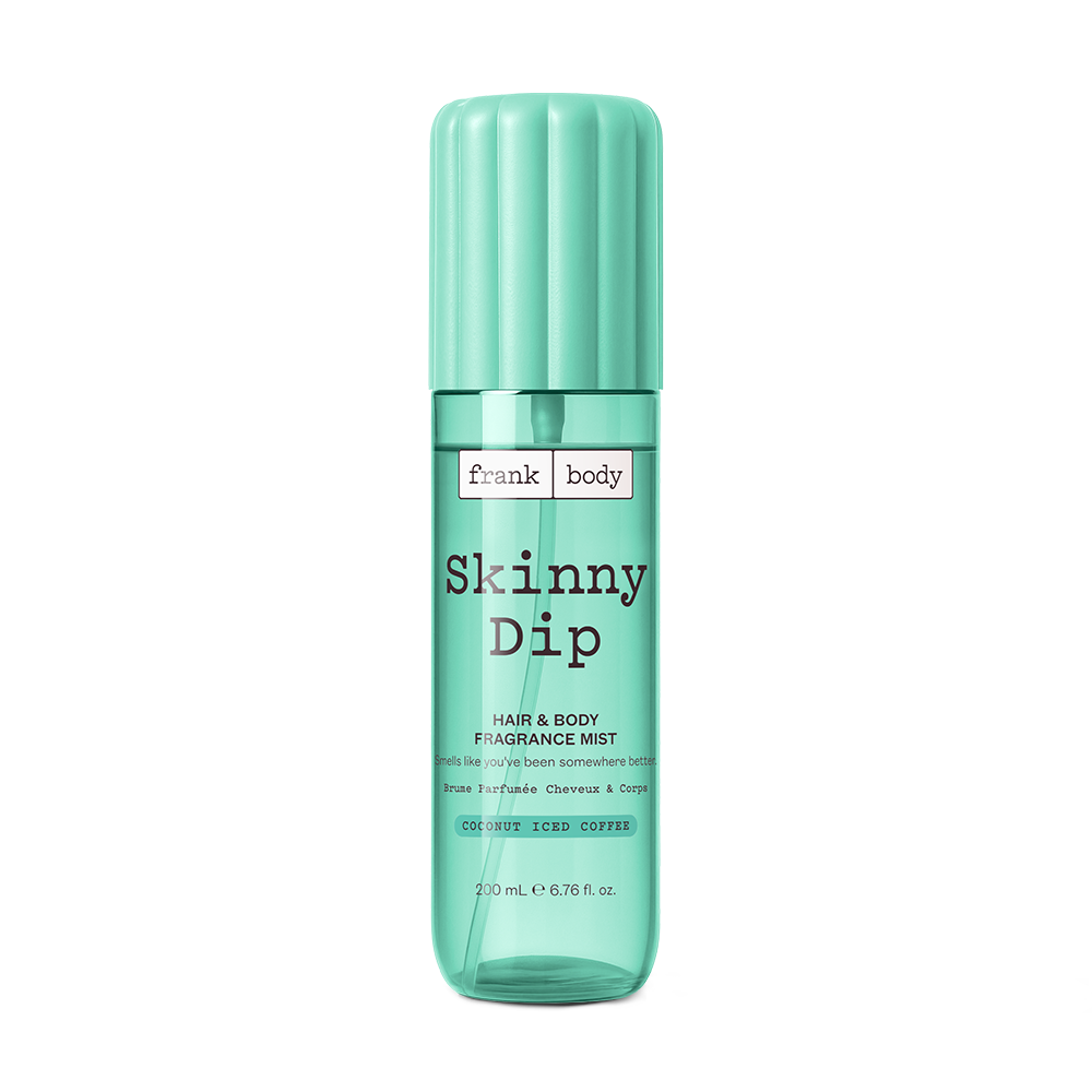 A mint green 200ml bottle of frank body Skinny Dip Hair & Body Fragrance Mist in coconut iced coffee.