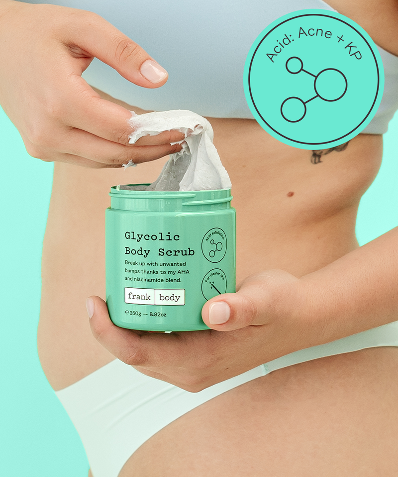 Acid menu tile: a woman opening a jar of frank body Glycolic Body Scrub.